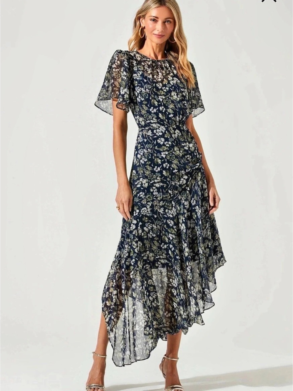 ASTR the Label Flutter Sleeve Floral Asymmetric Maxi Dress Midi Dress Blue &